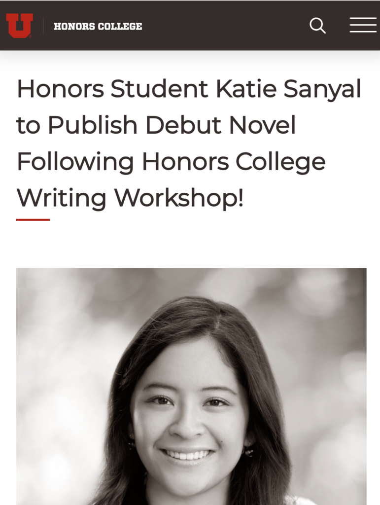 Screen capture of an article entitled "Honors Student Katie Sanyal to Publish Debut Novel Following Honors College Writing Workshop!